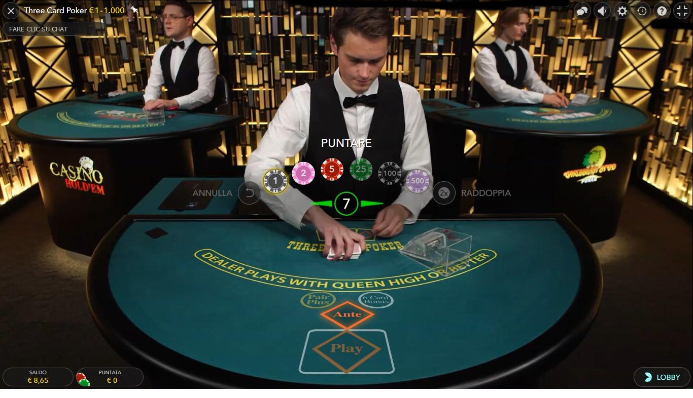 Three card poker, la variante live del poker a 3 carte