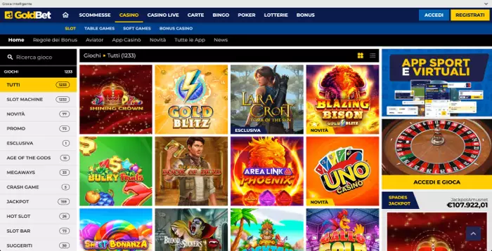 Goldbet Casinò | Fino a 1.000€ di bonus slot + 2000€ con SPID